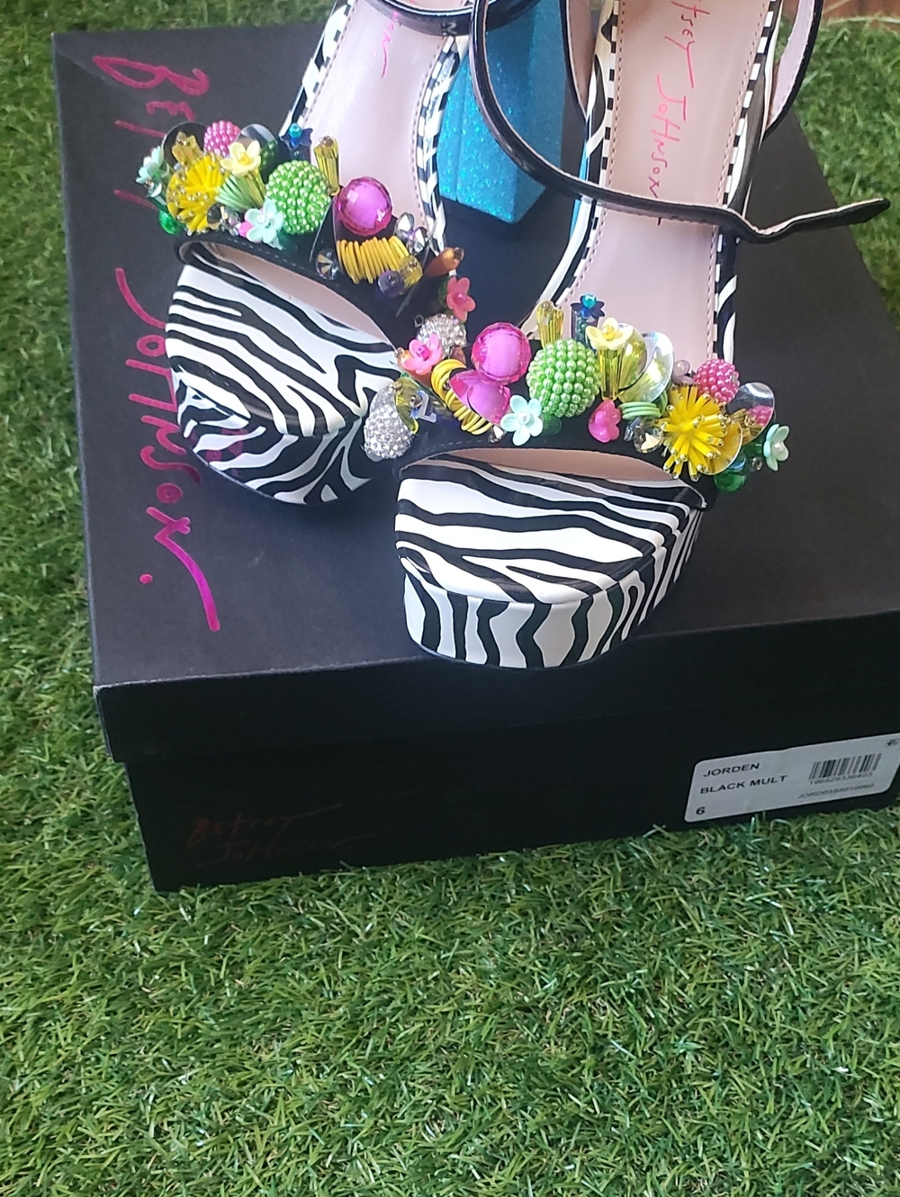 RARE BETsy Johnson Zebra Print Platform Sandals with Colorful 3D Embellishments - Picture 3 of 9